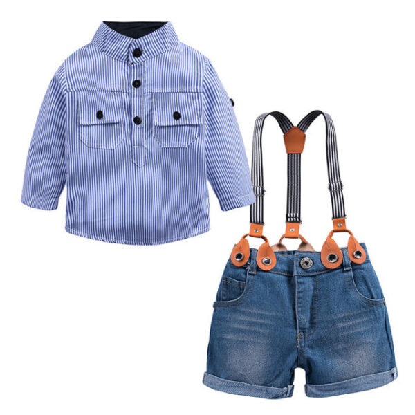 4 Piece Blue Stripe Shirt And Denim Pant Suspender Party Wear