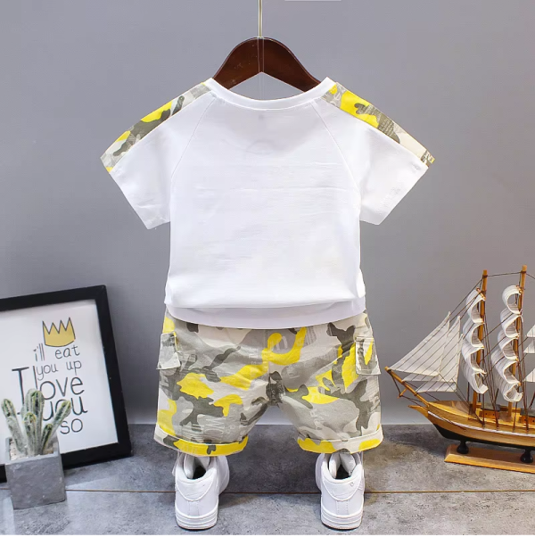White T Shirt With Yellow Camouflage Pant Design - Image 2