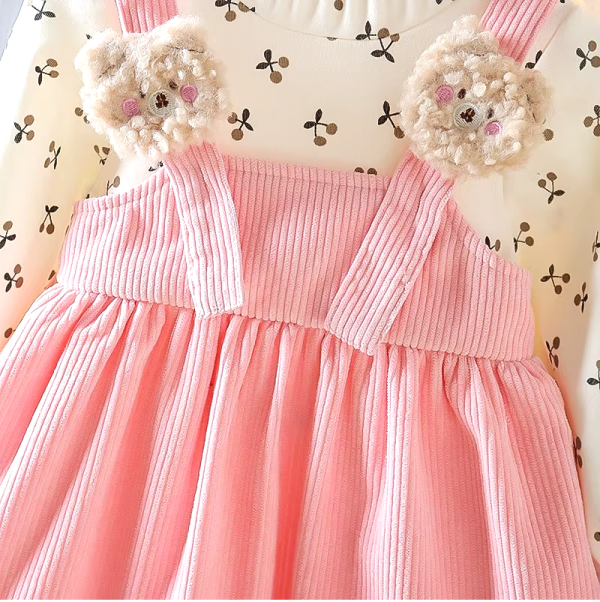 Baby Girl Long Sleeve Dress Floral Lovely Bear Corduroy Dress - Image 4