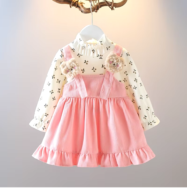 Baby Girl Long Sleeve Dress Floral Lovely Bear Corduroy Dress