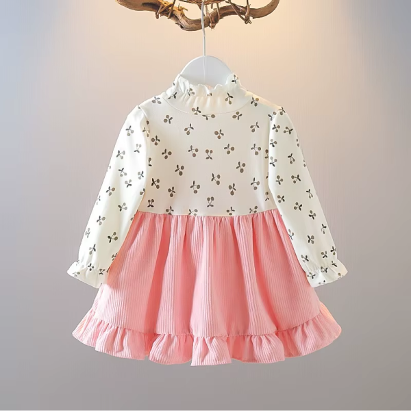 Baby Girl Long Sleeve Dress Floral Lovely Bear Corduroy Dress - Image 2