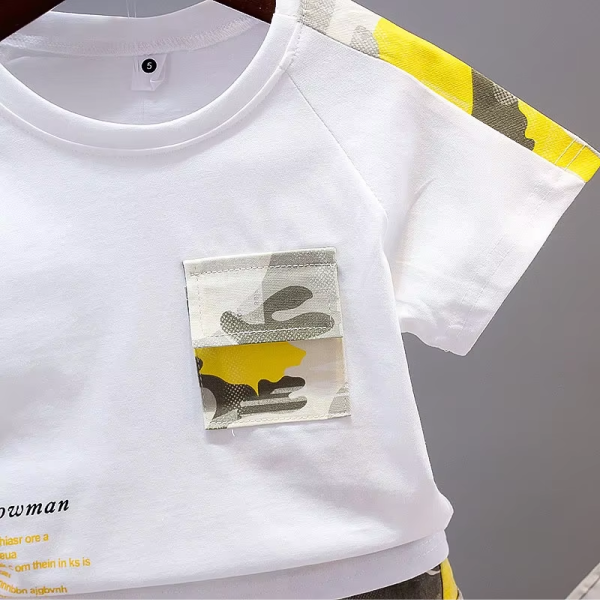 White T Shirt With Yellow Camouflage Pant Design - Image 4