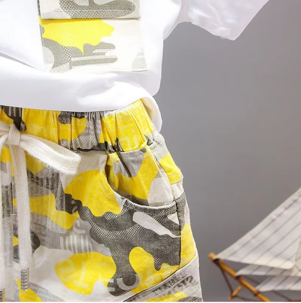 White T Shirt With Yellow Camouflage Pant Design - Image 3