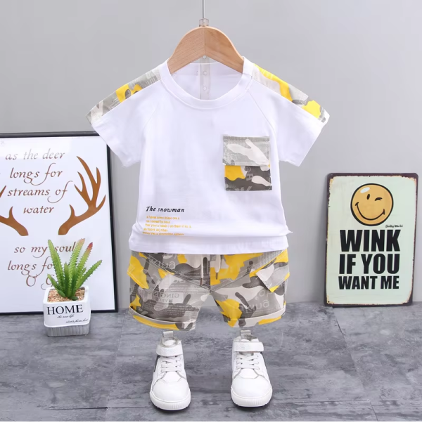 White T Shirt With Yellow Camouflage Pant Design