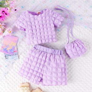 Puff Plaid Candy Purple  Color Short Sleeve Top and Shorts Sets With Bag