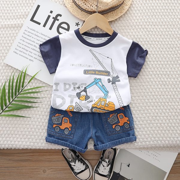 Blue And White Excavator Print T Shirt With Blue Pant Design - Image 2