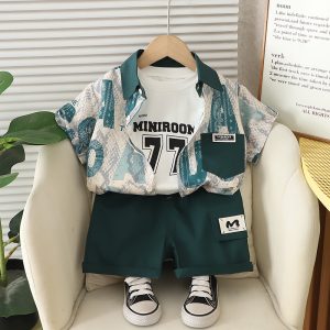 Green White Letter Print 3 Piece Baby Boy Dress Set