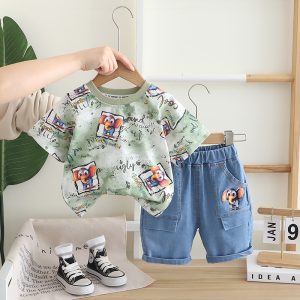 Random Elephant Green Grey White Print T shirt  White And Denim Pant Design