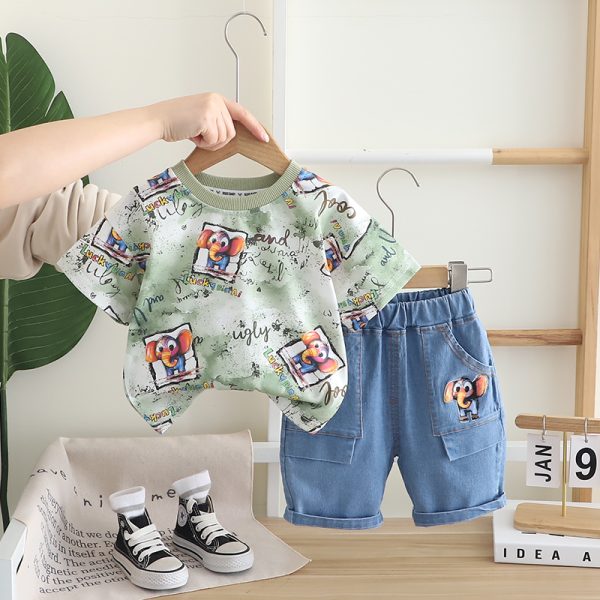 Random Elephant Green Grey White Print T shirt  White And Denim Pant Design
