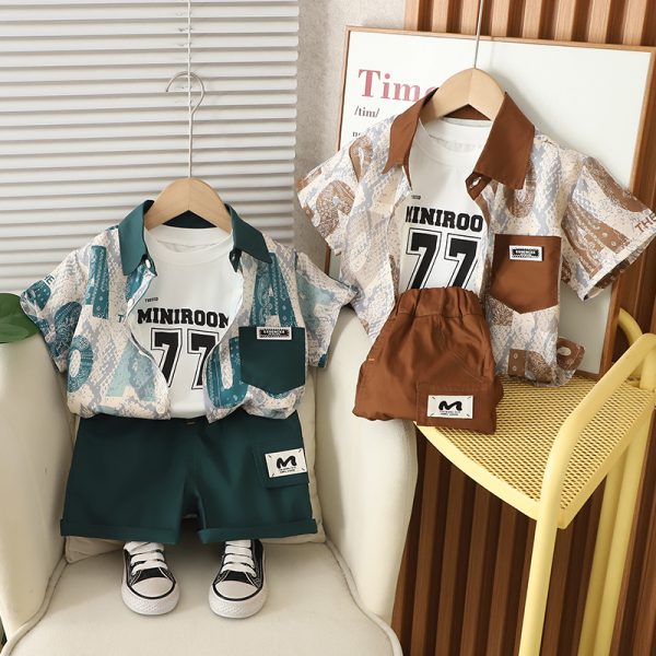 Green White Letter Print 3 Piece Baby Boy Dress Set - Image 2