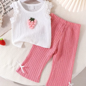 Summer Set With White Tank Top and Cartoon Strawberry Print Pink Solid Color Bell Bottoms