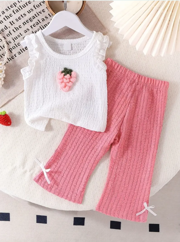 Summer Set With White Tank Top and Cartoon Strawberry Print Pink Solid Color Bell Bottoms