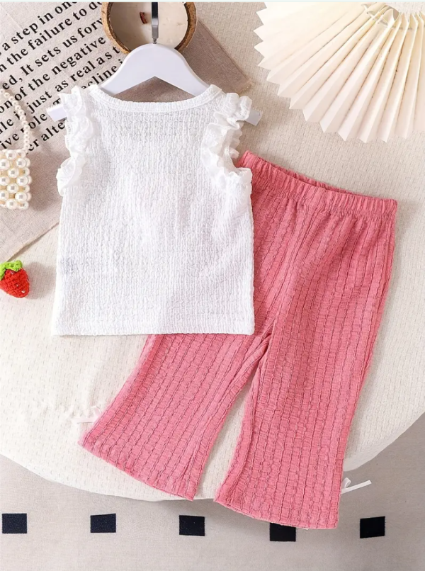 Summer Set With White Tank Top and Cartoon Strawberry Print Pink Solid Color Bell Bottoms - Image 5