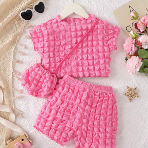 Puff Plaid Candy Color Short Sleeve Top and Shorts Sets With Bag