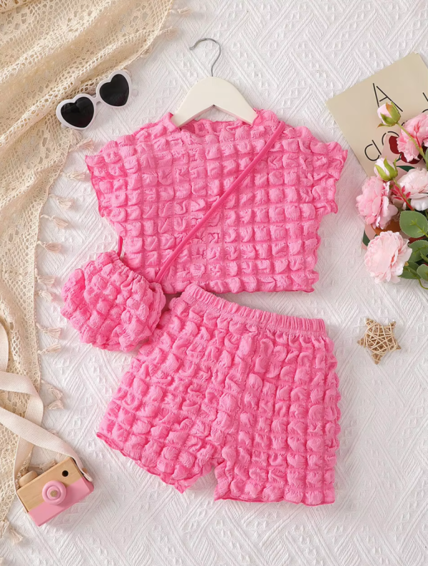 Puff Plaid Candy Color Short Sleeve Top and Shorts Sets With Bag