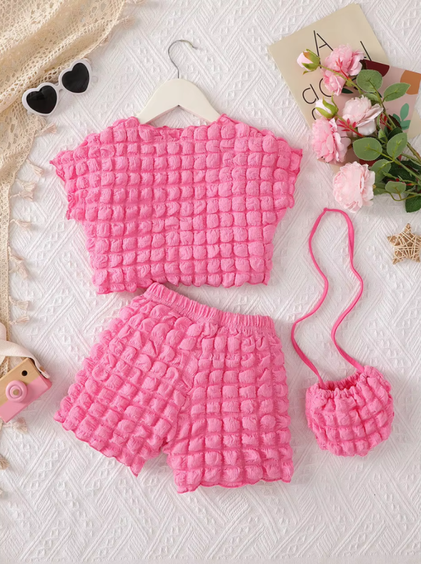 Puff Plaid Candy Color Short Sleeve Top and Shorts Sets With Bag - Image 7