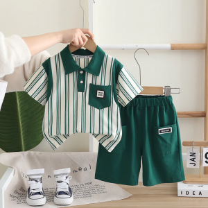Green And White Stripe 2 Piece Baby Boy Dress Set