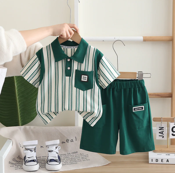 Green And White Stripe 2 Piece Baby Boy Dress Set