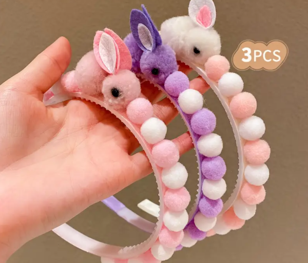 3 Piece Cute Puff Rabbit Minimalist Hair Band , Assorted Colors - Image 2