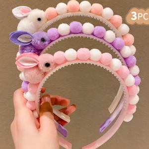 3 Piece Cute Puff Rabbit Minimalist Hair Band , Assorted Colors