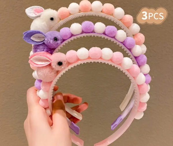 3 Piece Cute Puff Rabbit Minimalist Hair Band , Assorted Colors