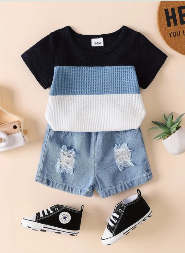 Luxury Blue And White T SHirt Summer Set With Cream Top And Beige Pant Design - Image 8