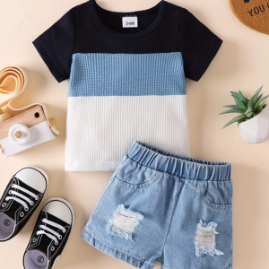 Luxury Blue And White T SHirt Summer Set With Cream Top And Beige Pant Design
