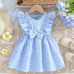 Sky Blue Floral Sleeveless Baby Frock Design