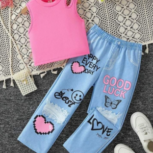 Pink Be Juicy Printe Sleevelss T Shirt With Pant Design NOT DENIM