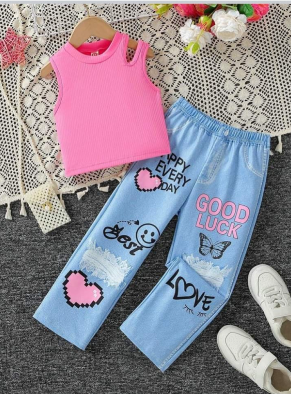 Pink Be Juicy Printe Sleevelss T Shirt With Pant Design NOT DENIM