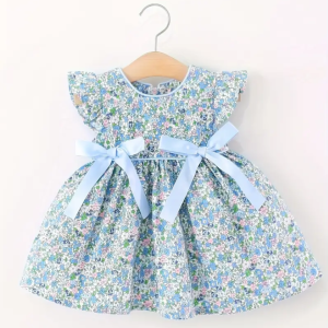 Light Blue Floral Print Sleeveless Cute Baby Girl Dress