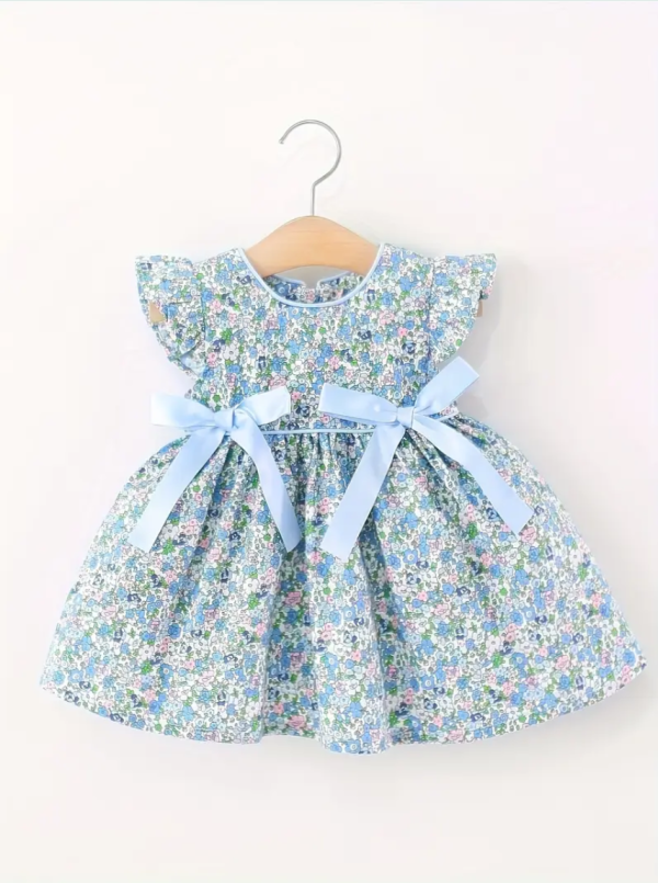 Light Blue Floral Print Sleeveless Cute Baby Girl Dress