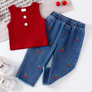 2Pcs Red Sleeveless Top And Denim Cherry Embroidery Pant