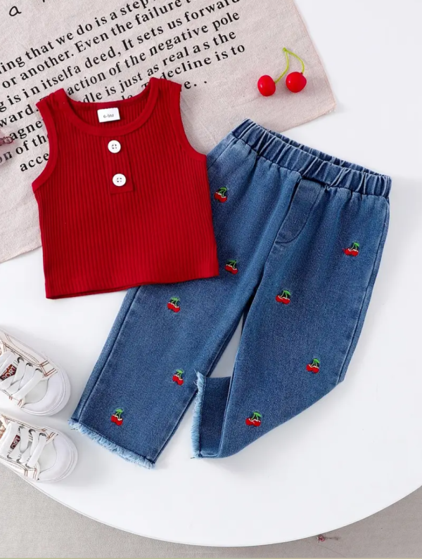 2Pcs Red Sleeveless Top And Denim Cherry Embroidery Pant