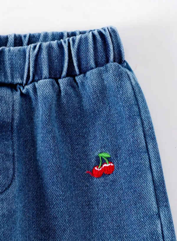 2Pcs Red Sleeveless Top And Denim Cherry Embroidery Pant - Image 3