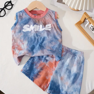 Smile Embroidery Multi Colour Sleeveless T Shirt And Pant Design