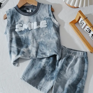 Smile Embroidery Ash Sleeveless T Shirt And Pant Design