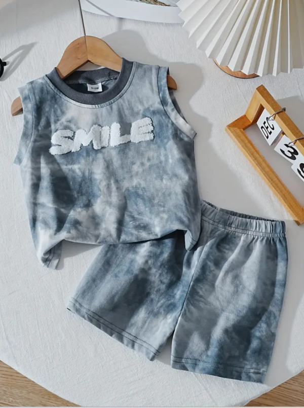 Smile Embroidery Ash Sleeveless T Shirt And Pant Design