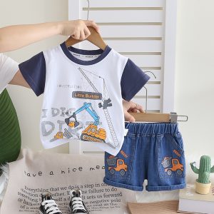 Blue And White Excavator Print T Shirt With Blue Pant Design
