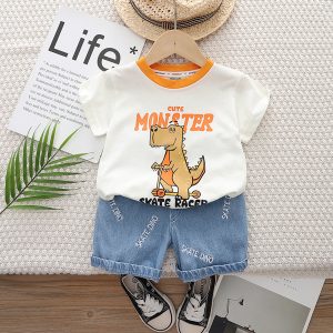 Cute Monster Print White Orange Colour T Shirt Pant Design