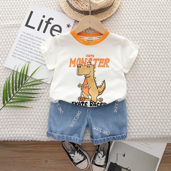 Cute Monster Print White Orange Colour T Shirt Pant Design