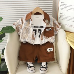 Brown White Letter Print 3 Piece Baby Boy Dress Set