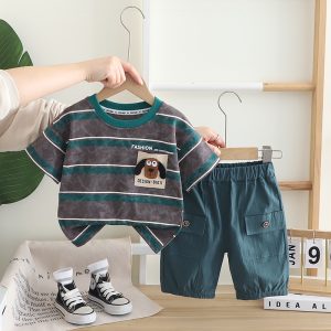 Dark Blue, Green, Brown Stripe Dog Design T Shirt And Green Pant Design