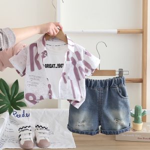 Grey Purple And White 3 Piece Baby Boy Dress Set
