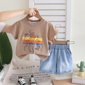 Octopus Print Brown T Shirt With Blue Pant Design