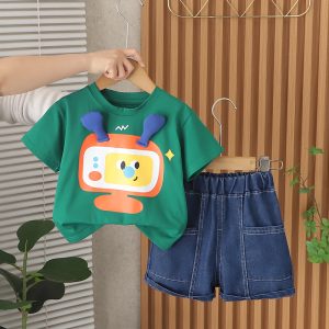 Cute Television Design green T Shirt And Denim Pant