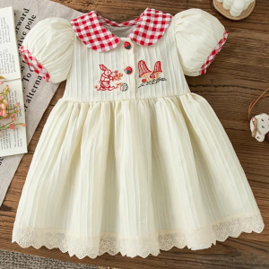 Summer Cute Comfortable Cream Colour Mushroom Cartoon Embroidered Plaid Doll Collar Dress