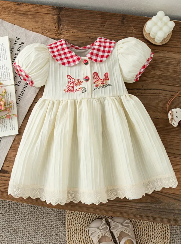 Summer Cute Comfortable Cream Colour Mushroom Cartoon Embroidered Plaid Doll Collar Dress