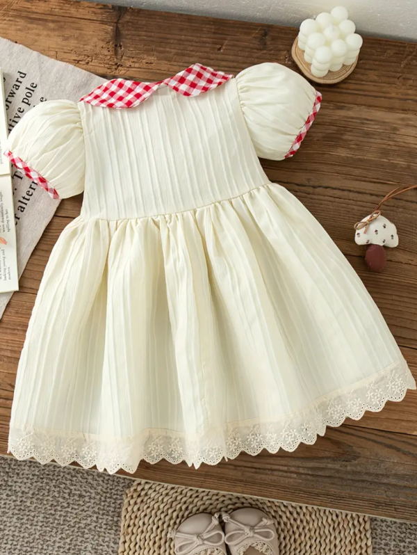 Summer Cute Comfortable Cream Colour Mushroom Cartoon Embroidered Plaid Doll Collar Dress - Image 6