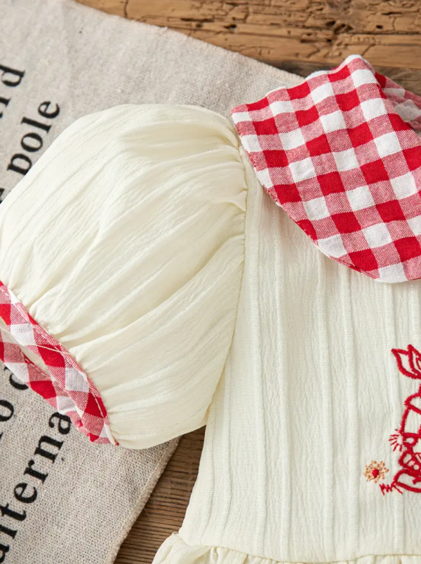 Summer Cute Comfortable Cream Colour Mushroom Cartoon Embroidered Plaid Doll Collar Dress - Image 5